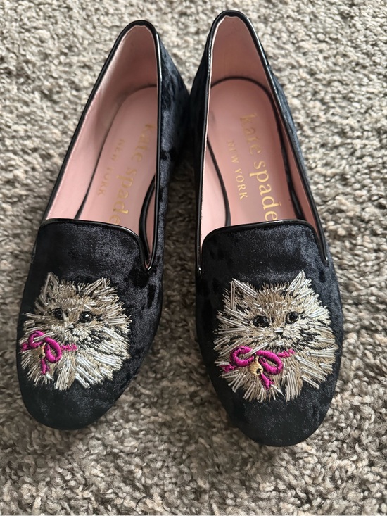 kate spade Shoes - kate spade Black Velvet Cat Embroidered Flats with Pink Bow Detail